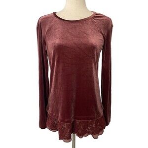 Sundance Womens Velvet Lace Trim Long Sleeve Top Size Small Burgundy Wine Boho